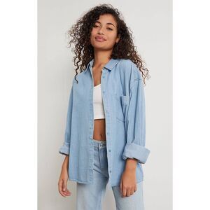 WEWOREWHAT Boyfriend Overshirt Shacket Button Down Blue Denim